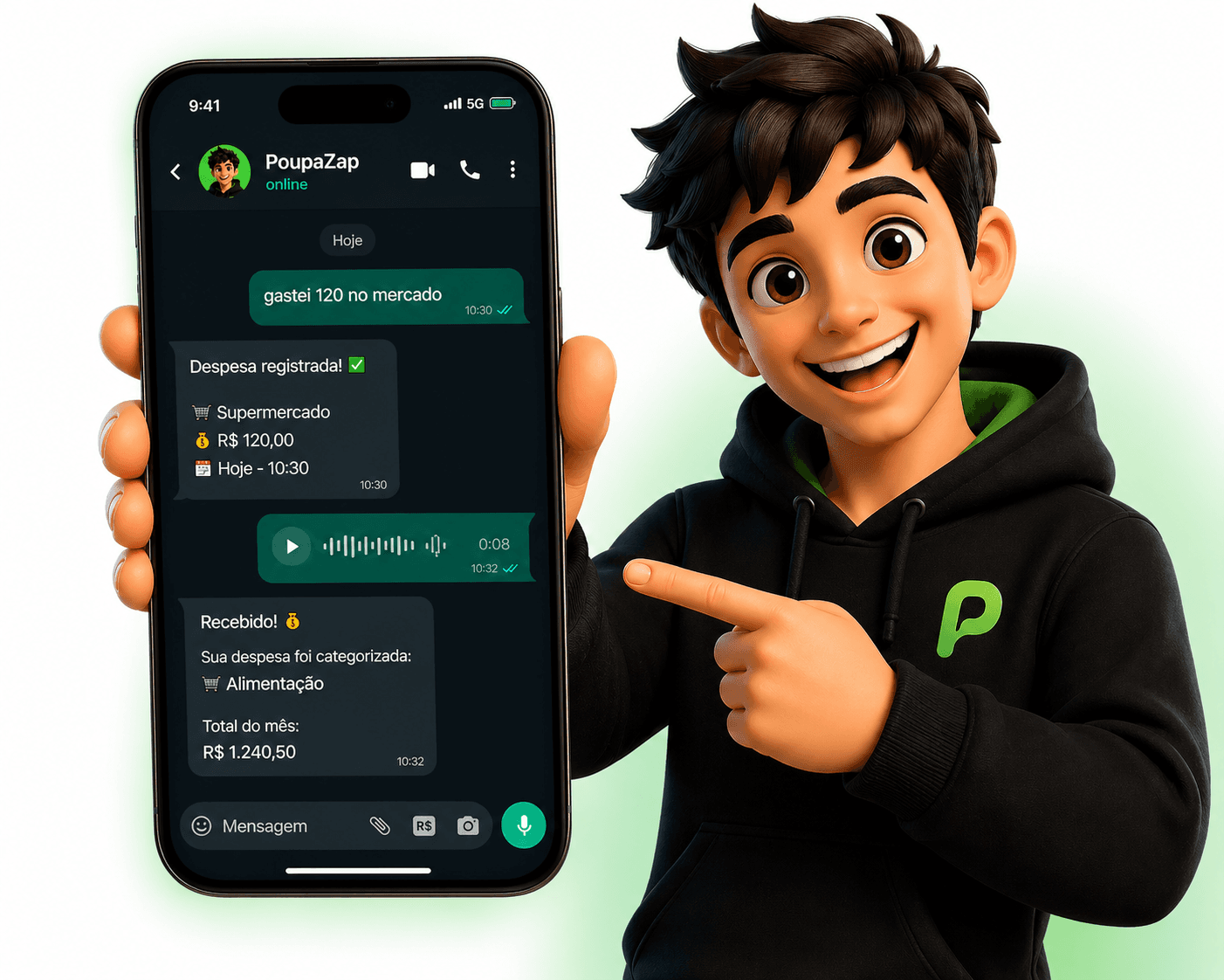 Zappy mostrando o app PoupaZap no WhatsApp